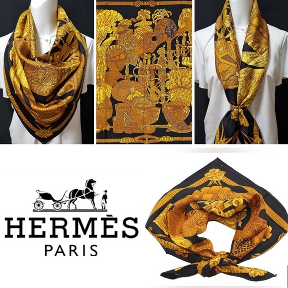 Hermès “Armets en Panache” Carre Black & Gold 100% Silk Scarf Limited Edition - Picture 1 of 16